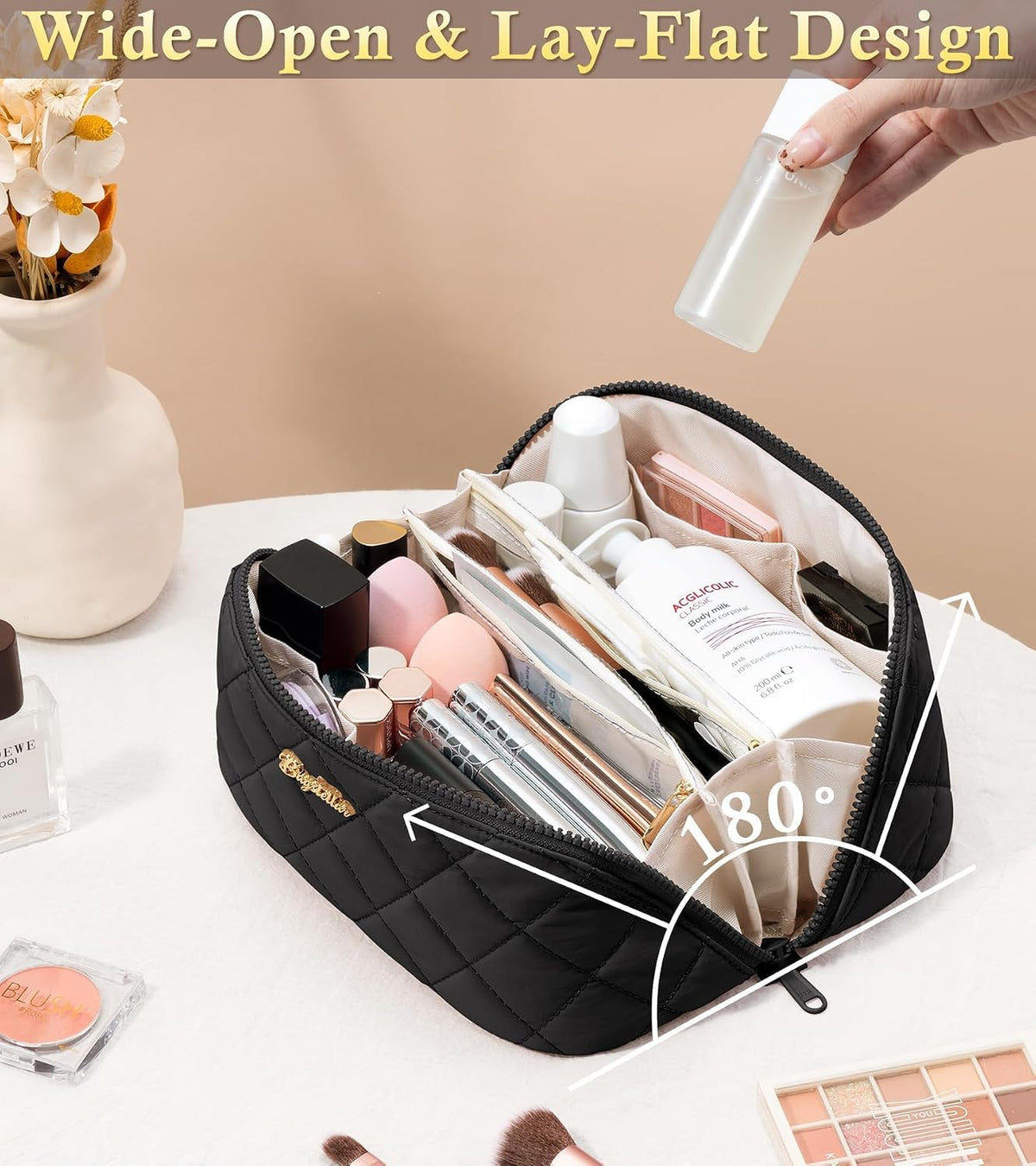 Travel Makeup Bag, 3 Pcs Large Capacity Puffy Toiletry Bag for Women, Open Flat Quilted Make up Cosmetic Organizer w/Handle & Clear Divider Water-resistant Portable Pouch Travel Essentials, L-Oatmeal
