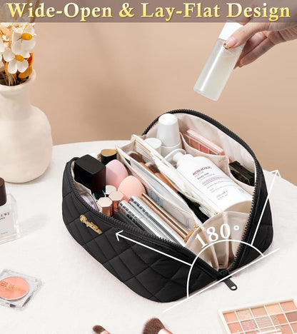 Travel Makeup Bag, 3 Pcs Large Capacity Puffy Toiletry Bag for Women, Open Flat Quilted Make up Cosmetic Organizer w/Handle & Clear Divider Water-resistant Portable Pouch Travel Essentials, L-Oatmeal