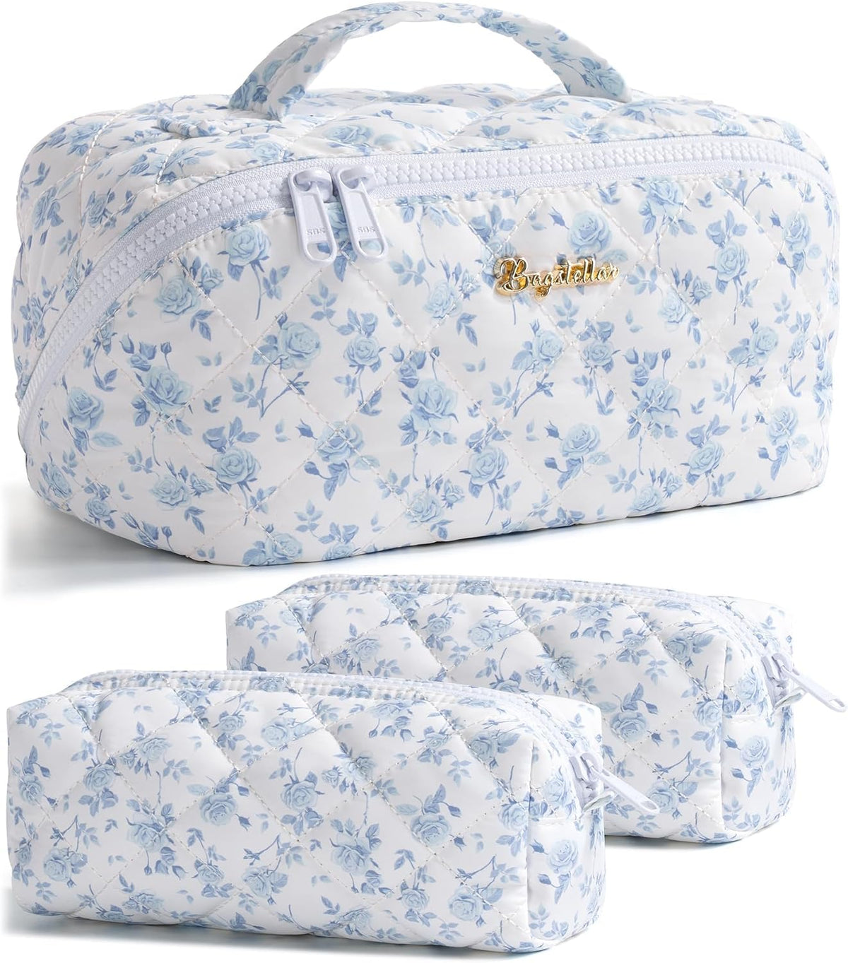 Travel Makeup Bag, 3 Pcs Large Capacity Puffy Toiletry Bag for Women, Open Flat Quilted Make up Cosmetic Organizer w/Handle & Clear Divider Water-resistant Portable Pouch Travel Essentials, L-Oatmeal