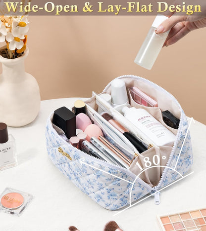Travel Makeup Bag, 3 Pcs Large Capacity Puffy Toiletry Bag for Women, Open Flat Quilted Make up Cosmetic Organizer w/Handle & Clear Divider Water-resistant Portable Pouch Travel Essentials, L-Oatmeal