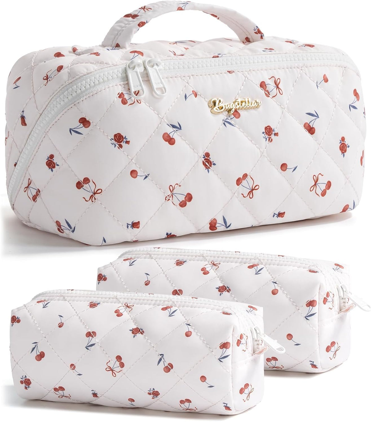 Travel Makeup Bag, 3 Pcs Large Capacity Puffy Toiletry Bag for Women, Open Flat Quilted Make up Cosmetic Organizer w/Handle & Clear Divider Water-resistant Portable Pouch Travel Essentials, L-Oatmeal