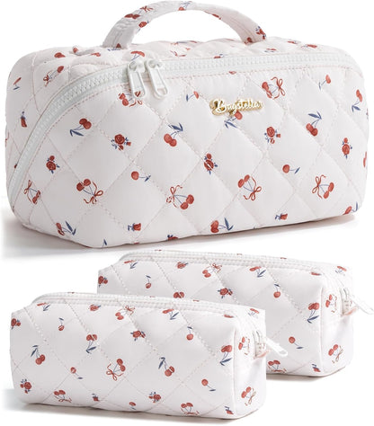 Travel Makeup Bag, 3 Pcs Large Capacity Puffy Toiletry Bag for Women, Open Flat Quilted Make up Cosmetic Organizer w/Handle & Clear Divider Water-resistant Portable Pouch Travel Essentials, L-Oatmeal