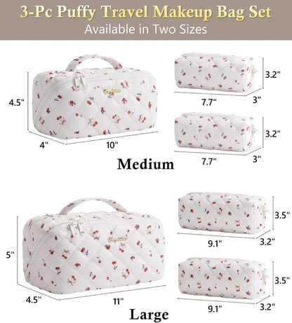 Travel Makeup Bag, 3 Pcs Large Capacity Puffy Toiletry Bag for Women, Open Flat Quilted Make up Cosmetic Organizer w/Handle & Clear Divider Water-resistant Portable Pouch Travel Essentials, L-Oatmeal