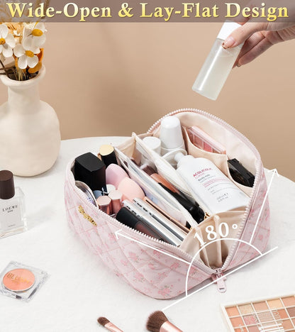 Travel Makeup Bag, 3 Pcs Large Capacity Puffy Toiletry Bag for Women, Open Flat Quilted Make up Cosmetic Organizer w/Handle & Clear Divider Water-resistant Portable Pouch Travel Essentials, L-Oatmeal