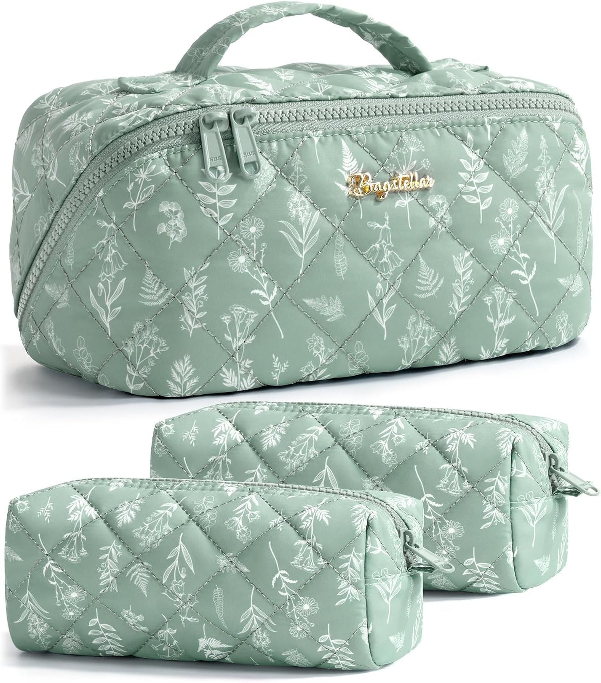 Travel Makeup Bag, 3 Pcs Large Capacity Puffy Toiletry Bag for Women, Open Flat Quilted Make up Cosmetic Organizer w/Handle & Clear Divider Water-resistant Portable Pouch Travel Essentials, L-Oatmeal