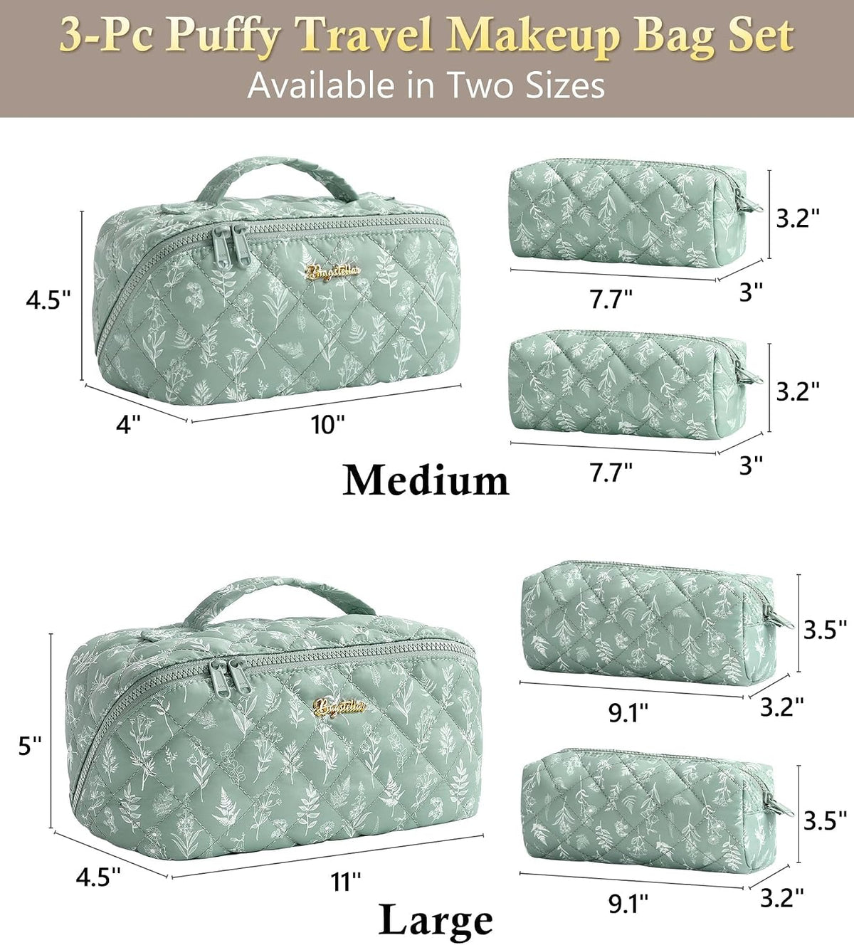 Travel Makeup Bag, 3 Pcs Large Capacity Puffy Toiletry Bag for Women, Open Flat Quilted Make up Cosmetic Organizer w/Handle & Clear Divider Water-resistant Portable Pouch Travel Essentials, L-Oatmeal
