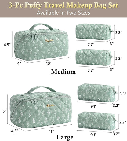 Travel Makeup Bag, 3 Pcs Large Capacity Puffy Toiletry Bag for Women, Open Flat Quilted Make up Cosmetic Organizer w/Handle & Clear Divider Water-resistant Portable Pouch Travel Essentials, L-Oatmeal