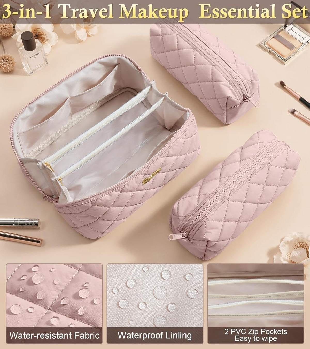 Travel Makeup Bag, 3 Pcs Large Capacity Puffy Toiletry Bag for Women, Open Flat Quilted Make up Cosmetic Organizer w/Handle & Clear Divider Water-resistant Portable Pouch Travel Essentials, L-Oatmeal