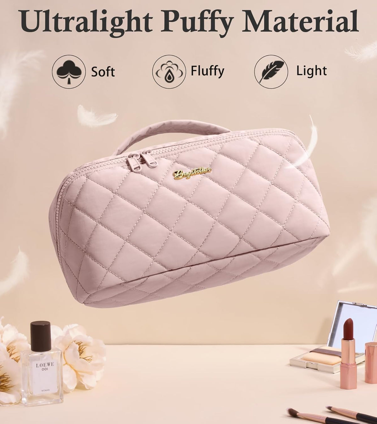 Travel Makeup Bag, 3 Pcs Large Capacity Puffy Toiletry Bag for Women, Open Flat Quilted Make up Cosmetic Organizer w/Handle & Clear Divider Water-resistant Portable Pouch Travel Essentials, L-Oatmeal