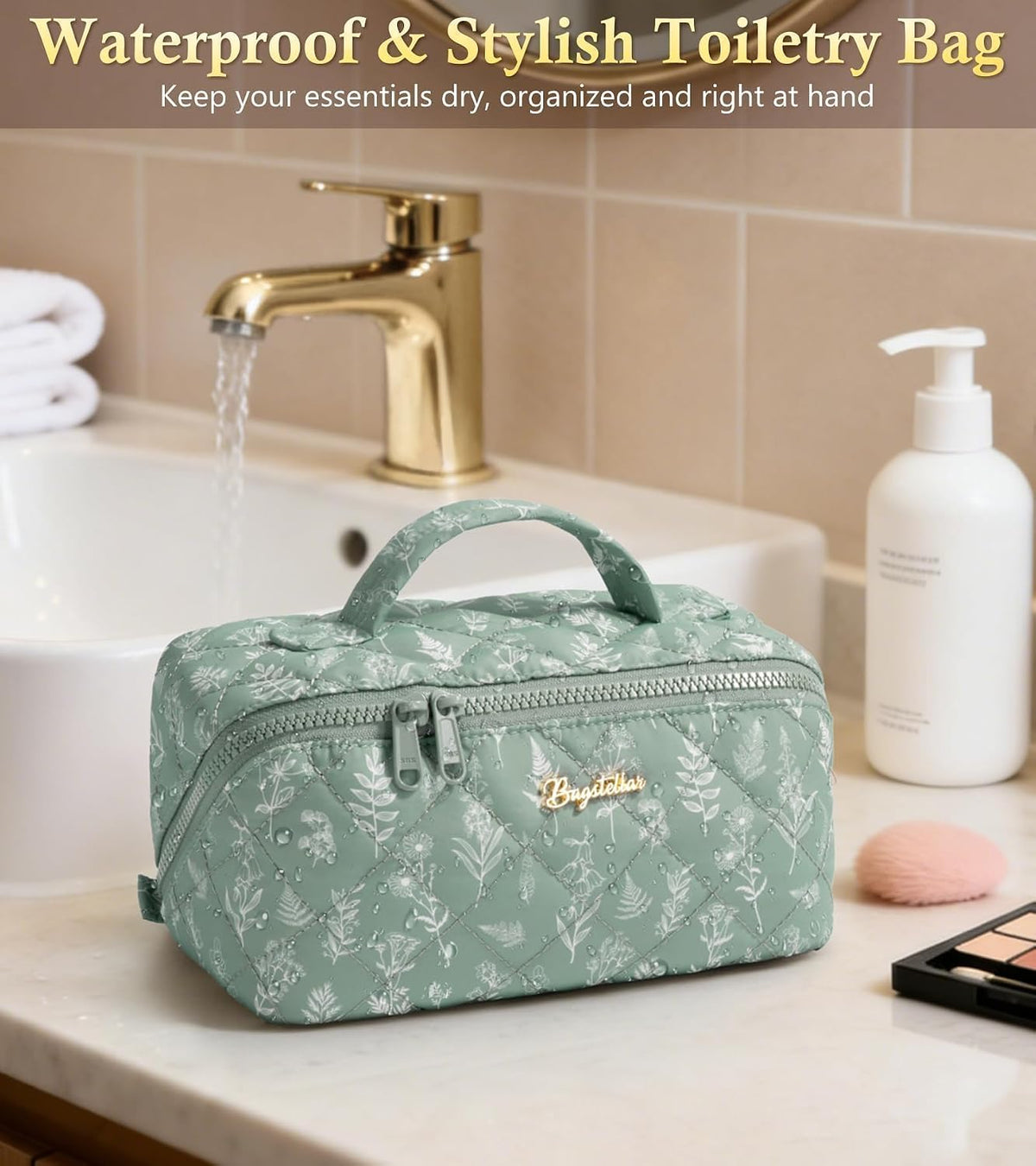 Travel Makeup Bag, 3 Pcs Large Capacity Puffy Toiletry Bag for Women, Open Flat Quilted Make up Cosmetic Organizer w/Handle & Clear Divider Water-resistant Portable Pouch Travel Essentials, L-Oatmeal