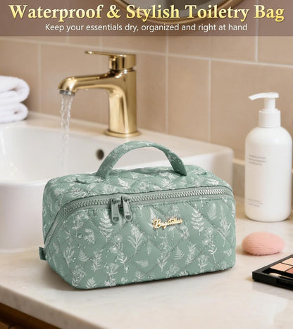 Travel Makeup Bag, 3 Pcs Large Capacity Puffy Toiletry Bag for Women, Open Flat Quilted Make up Cosmetic Organizer w/Handle & Clear Divider Water-resistant Portable Pouch Travel Essentials, L-Oatmeal