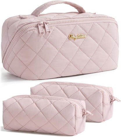 Travel Makeup Bag, 3 Pcs Large Capacity Puffy Toiletry Bag for Women, Open Flat Quilted Make up Cosmetic Organizer w/Handle & Clear Divider Water-resistant Portable Pouch Travel Essentials, L-Oatmeal