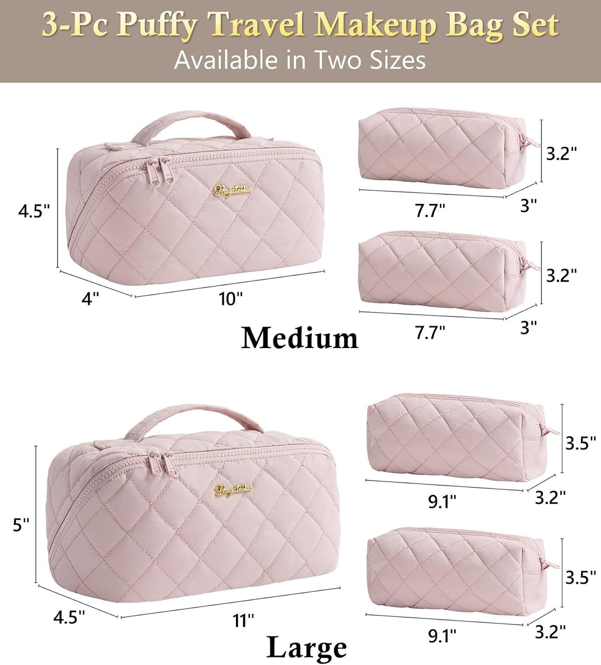 Travel Makeup Bag, 3 Pcs Large Capacity Puffy Toiletry Bag for Women, Open Flat Quilted Make up Cosmetic Organizer w/Handle & Clear Divider Water-resistant Portable Pouch Travel Essentials, L-Oatmeal