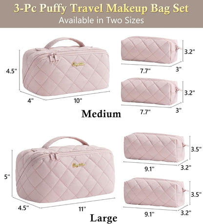 Travel Makeup Bag, 3 Pcs Large Capacity Puffy Toiletry Bag for Women, Open Flat Quilted Make up Cosmetic Organizer w/Handle & Clear Divider Water-resistant Portable Pouch Travel Essentials, L-Oatmeal
