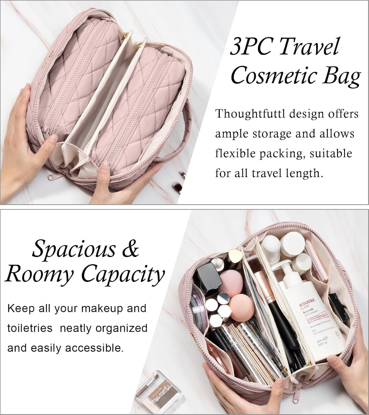 Travel Makeup Bag, 3 Pcs Large Capacity Puffy Toiletry Bag for Women, Open Flat Quilted Make up Cosmetic Organizer w/Handle & Clear Divider Water-resistant Portable Pouch Travel Essentials, L-Oatmeal