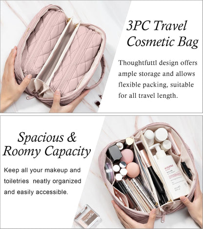 Travel Makeup Bag, 3 Pcs Large Capacity Puffy Toiletry Bag for Women, Open Flat Quilted Make up Cosmetic Organizer w/Handle & Clear Divider Water-resistant Portable Pouch Travel Essentials, L-Oatmeal