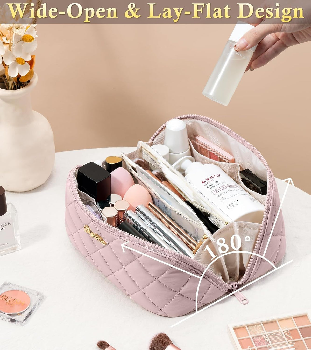 Travel Makeup Bag, 3 Pcs Large Capacity Puffy Toiletry Bag for Women, Open Flat Quilted Make up Cosmetic Organizer w/Handle & Clear Divider Water-resistant Portable Pouch Travel Essentials, L-Oatmeal