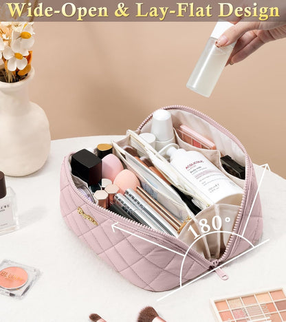 Travel Makeup Bag, 3 Pcs Large Capacity Puffy Toiletry Bag for Women, Open Flat Quilted Make up Cosmetic Organizer w/Handle & Clear Divider Water-resistant Portable Pouch Travel Essentials, L-Oatmeal