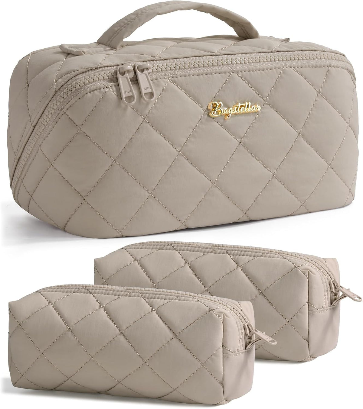 Travel Makeup Bag, 3 Pcs Large Capacity Puffy Toiletry Bag for Women, Open Flat Quilted Make up Cosmetic Organizer w/Handle & Clear Divider Water-resistant Portable Pouch Travel Essentials, L-Oatmeal