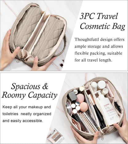 Travel Makeup Bag, 3 Pcs Large Capacity Puffy Toiletry Bag for Women, Open Flat Quilted Make up Cosmetic Organizer w/Handle & Clear Divider Water-resistant Portable Pouch Travel Essentials, L-Oatmeal