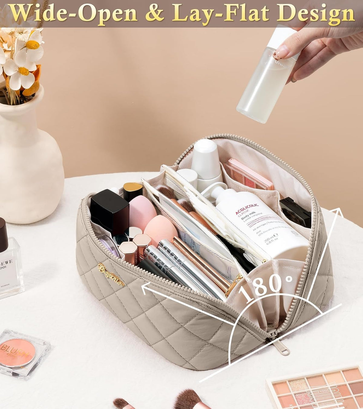 Travel Makeup Bag, 3 Pcs Large Capacity Puffy Toiletry Bag for Women, Open Flat Quilted Make up Cosmetic Organizer w/Handle & Clear Divider Water-resistant Portable Pouch Travel Essentials, L-Oatmeal