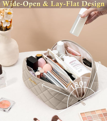 Travel Makeup Bag, 3 Pcs Large Capacity Puffy Toiletry Bag for Women, Open Flat Quilted Make up Cosmetic Organizer w/Handle & Clear Divider Water-resistant Portable Pouch Travel Essentials, L-Oatmeal