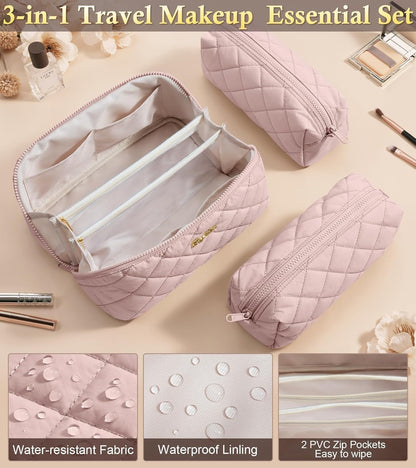 Travel Makeup Bag, 3 Pcs Large Capacity Puffy Toiletry Bag for Women, Open Flat Quilted Make up Cosmetic Organizer w/Handle & Clear Divider Water-resistant Portable Pouch Travel Essentials, L-Oatmeal