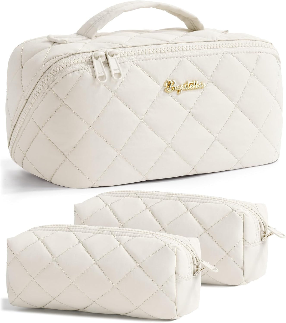 Travel Makeup Bag, 3 Pcs Large Capacity Puffy Toiletry Bag for Women, Open Flat Quilted Make up Cosmetic Organizer w/Handle & Clear Divider Water-resistant Portable Pouch Travel Essentials, L-Oatmeal