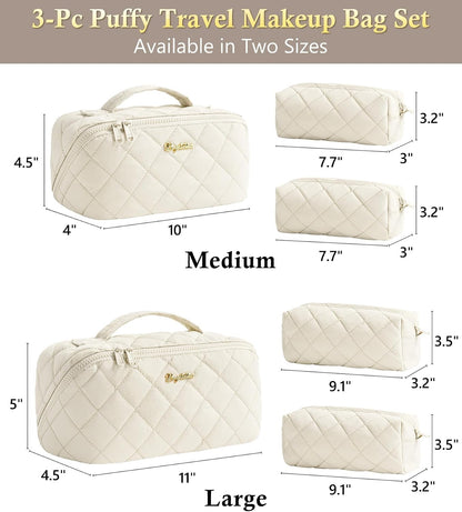 Travel Makeup Bag, 3 Pcs Large Capacity Puffy Toiletry Bag for Women, Open Flat Quilted Make up Cosmetic Organizer w/Handle & Clear Divider Water-resistant Portable Pouch Travel Essentials, L-Oatmeal