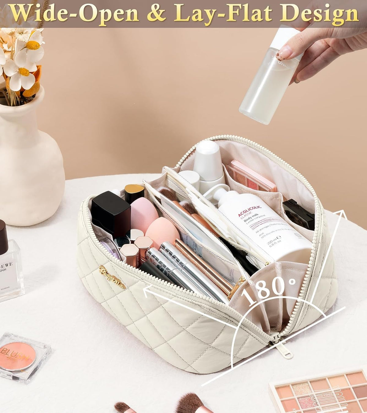 Travel Makeup Bag, 3 Pcs Large Capacity Puffy Toiletry Bag for Women, Open Flat Quilted Make up Cosmetic Organizer w/Handle & Clear Divider Water-resistant Portable Pouch Travel Essentials, L-Oatmeal