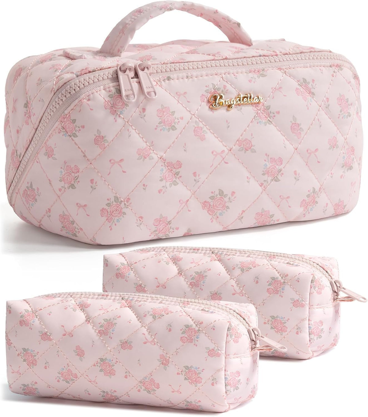 Travel Makeup Bag, 3 Pcs Large Capacity Puffy Toiletry Bag for Women, Open Flat Quilted Make up Cosmetic Organizer w/Handle & Clear Divider Water-resistant Portable Pouch Travel Essentials, L-Oatmeal
