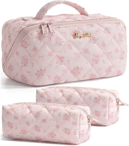Travel Makeup Bag, 3 Pcs Large Capacity Puffy Toiletry Bag for Women, Open Flat Quilted Make up Cosmetic Organizer w/Handle & Clear Divider Water-resistant Portable Pouch Travel Essentials, L-Oatmeal