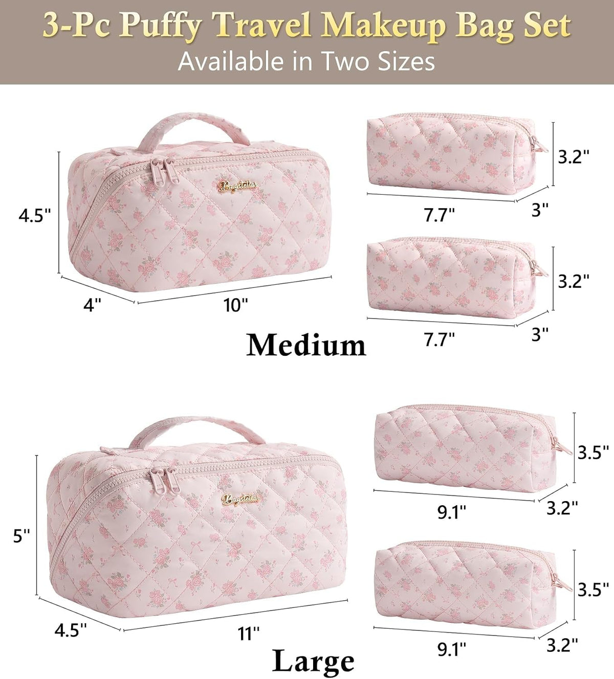 Travel Makeup Bag, 3 Pcs Large Capacity Puffy Toiletry Bag for Women, Open Flat Quilted Make up Cosmetic Organizer w/Handle & Clear Divider Water-resistant Portable Pouch Travel Essentials, L-Oatmeal