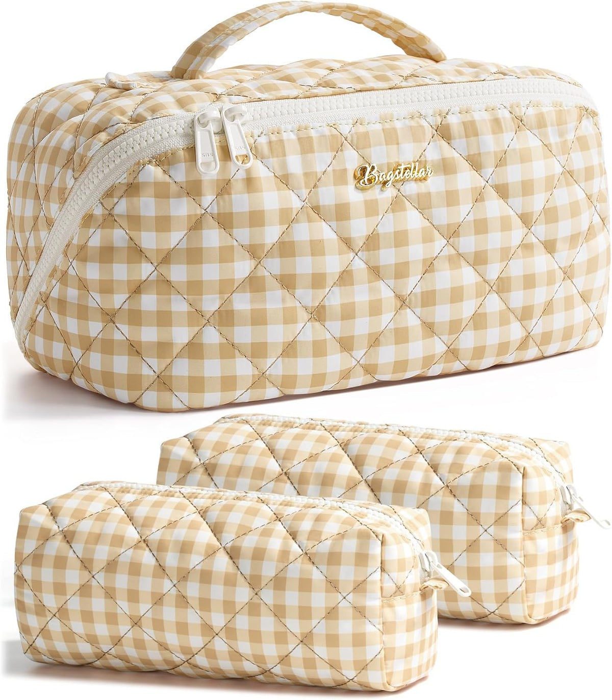 Travel Makeup Bag, 3 Pcs Large Capacity Puffy Toiletry Bag for Women, Open Flat Quilted Make up Cosmetic Organizer w/Handle & Clear Divider Water-resistant Portable Pouch Travel Essentials, L-Oatmeal