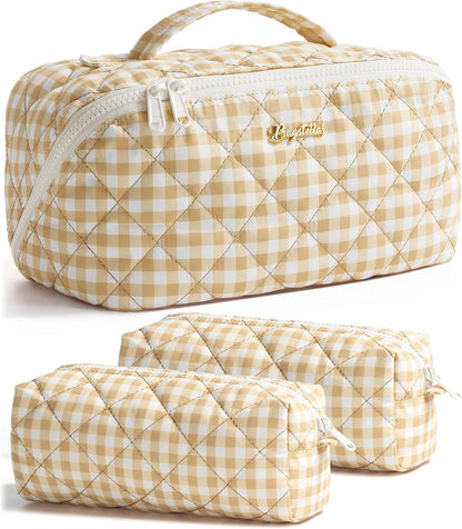 Travel Makeup Bag, 3 Pcs Large Capacity Puffy Toiletry Bag for Women, Open Flat Quilted Make up Cosmetic Organizer w/Handle & Clear Divider Water-resistant Portable Pouch Travel Essentials, L-Oatmeal