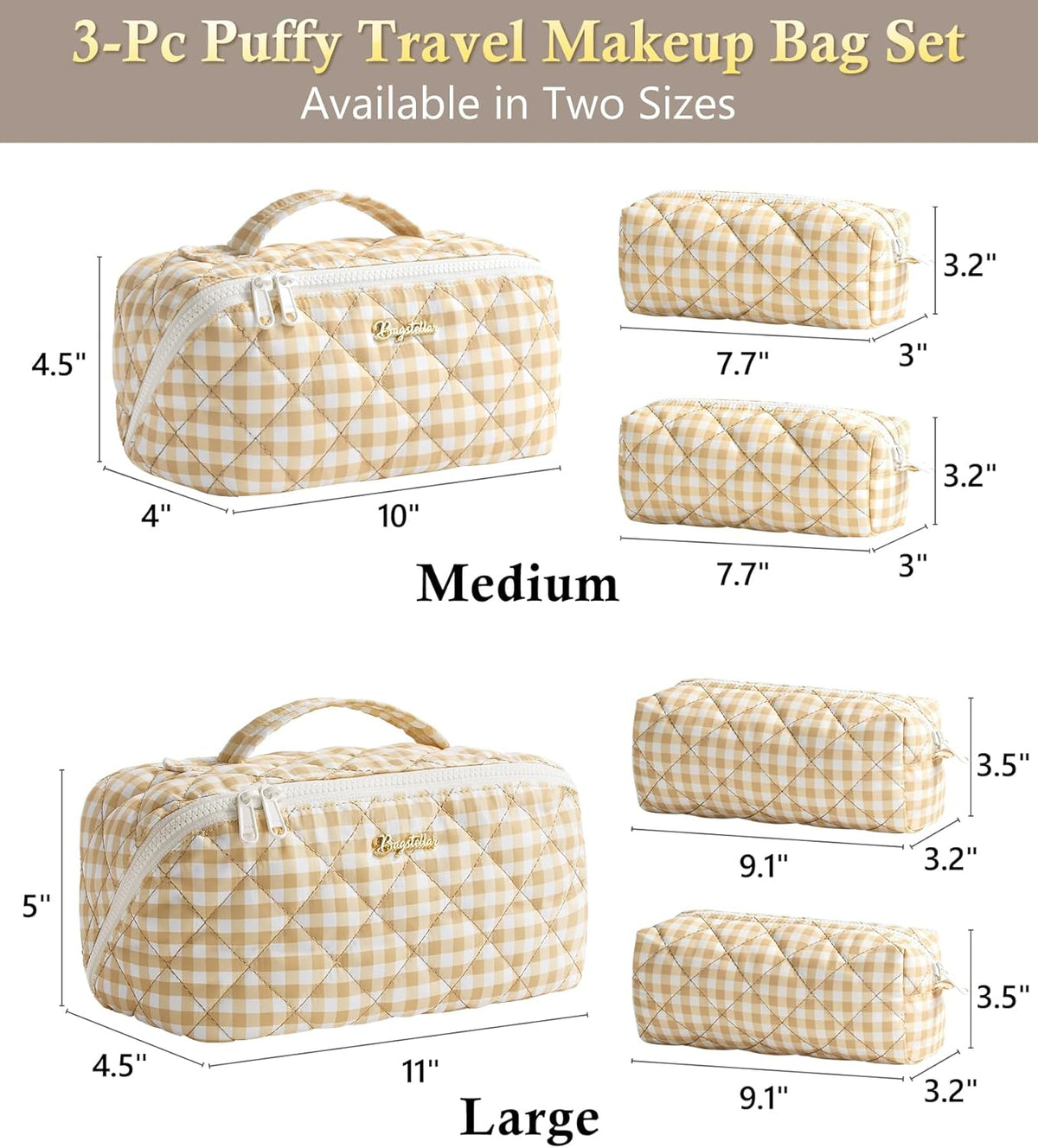 Travel Makeup Bag, 3 Pcs Large Capacity Puffy Toiletry Bag for Women, Open Flat Quilted Make up Cosmetic Organizer w/Handle & Clear Divider Water-resistant Portable Pouch Travel Essentials, L-Oatmeal