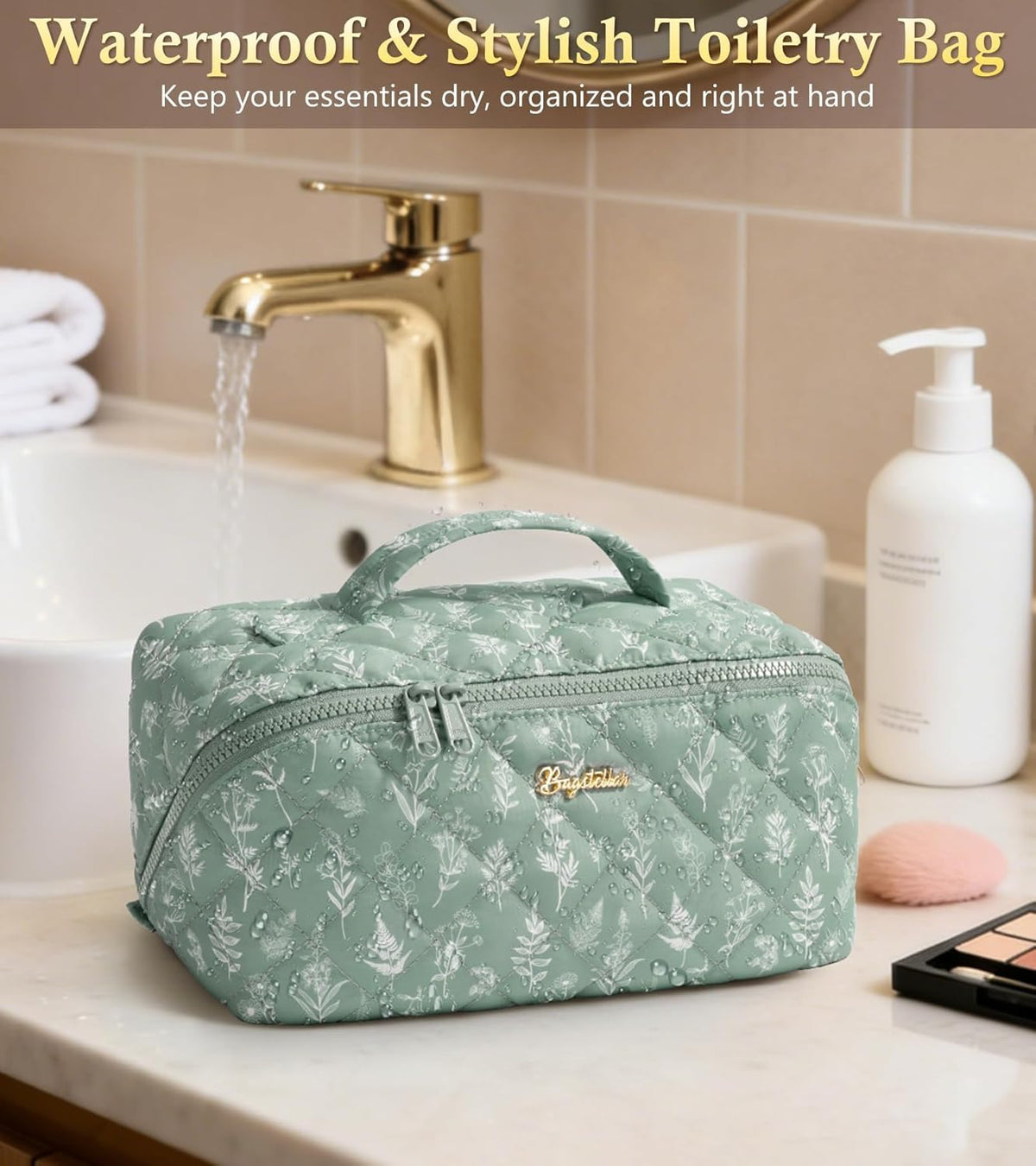 Travel Makeup Bag, 3 Pcs Large Capacity Puffy Toiletry Bag for Women, Open Flat Quilted Make up Cosmetic Organizer w/Handle & Clear Divider Water-resistant Portable Pouch Travel Essentials, L-Oatmeal