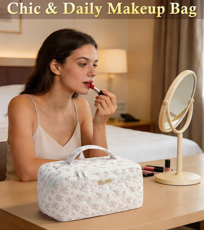 Travel Makeup Bag, 3 Pcs Large Capacity Puffy Toiletry Bag for Women, Open Flat Quilted Make up Cosmetic Organizer w/Handle & Clear Divider Water-resistant Portable Pouch Travel Essentials, L-Oatmeal