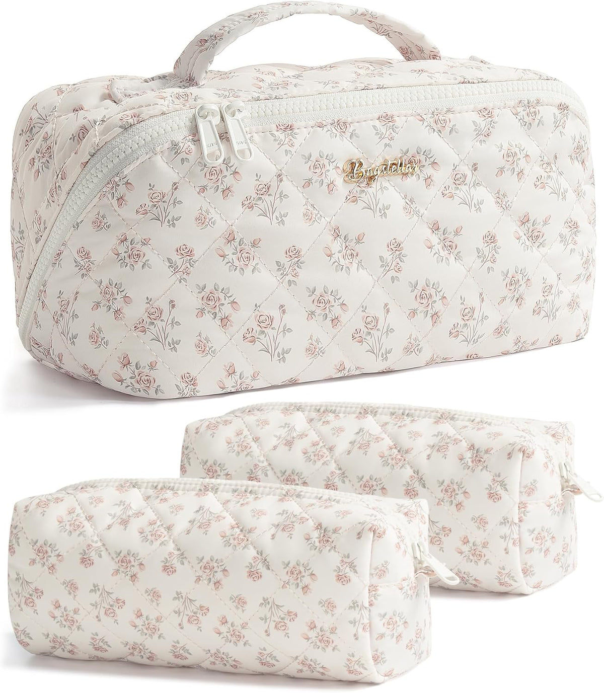 Travel Makeup Bag, 3 Pcs Large Capacity Puffy Toiletry Bag for Women, Open Flat Quilted Make up Cosmetic Organizer w/Handle & Clear Divider Water-resistant Portable Pouch Travel Essentials, L-Oatmeal