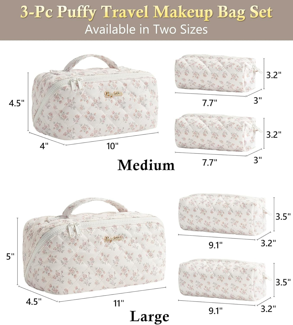 Travel Makeup Bag, 3 Pcs Large Capacity Puffy Toiletry Bag for Women, Open Flat Quilted Make up Cosmetic Organizer w/Handle & Clear Divider Water-resistant Portable Pouch Travel Essentials, L-Oatmeal