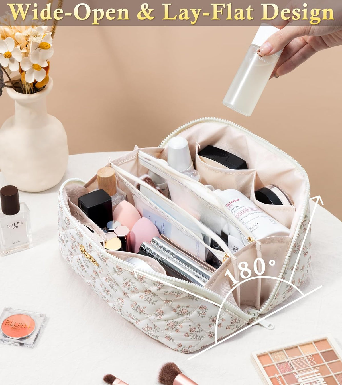 Travel Makeup Bag, 3 Pcs Large Capacity Puffy Toiletry Bag for Women, Open Flat Quilted Make up Cosmetic Organizer w/Handle & Clear Divider Water-resistant Portable Pouch Travel Essentials, L-Oatmeal
