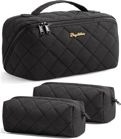 Travel Makeup Bag, 3 Pcs Large Capacity Puffy Toiletry Bag for Women, Open Flat Quilted Make up Cosmetic Organizer w/Handle & Clear Divider Water-resistant Portable Pouch Travel Essentials, L-Oatmeal