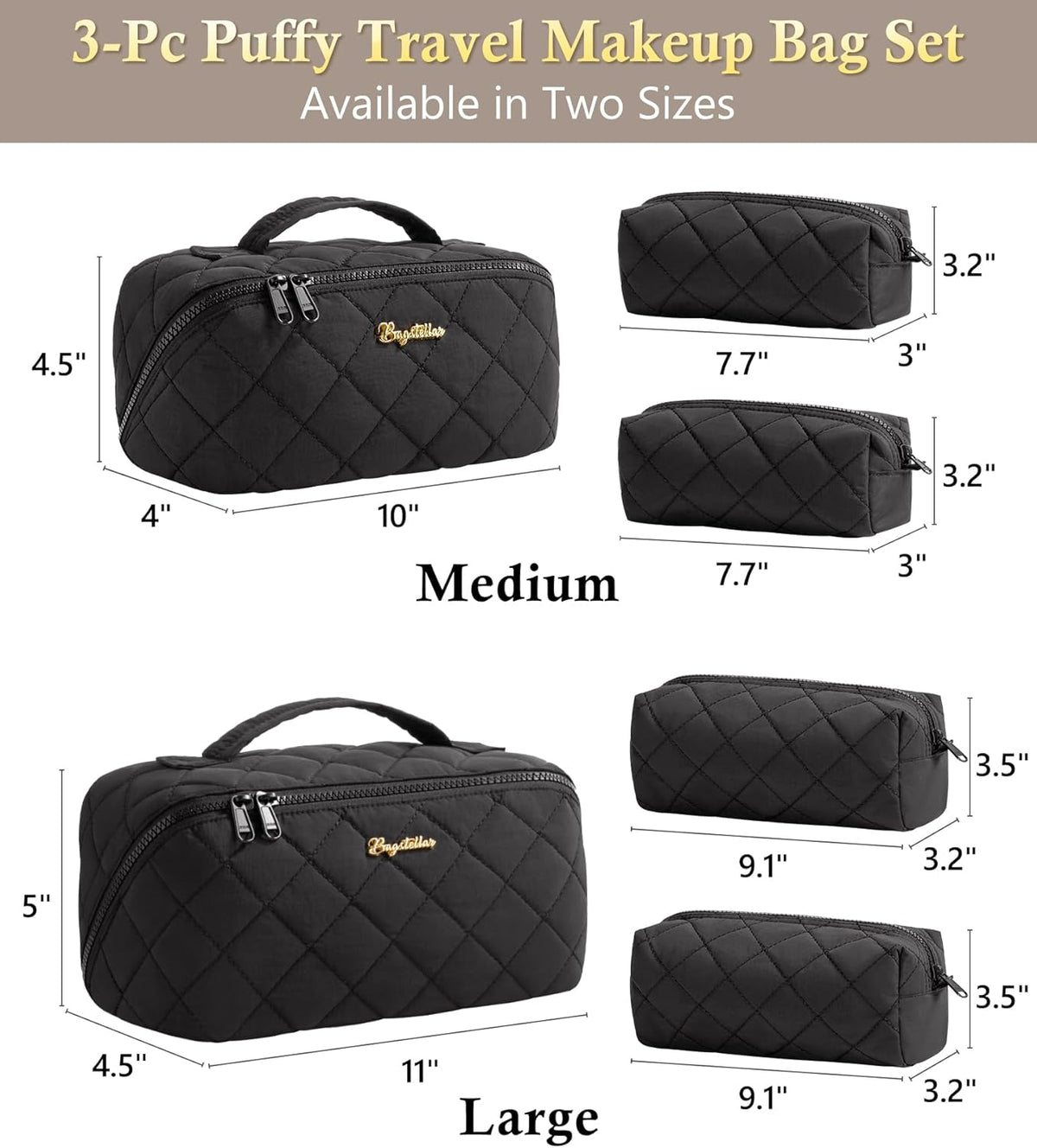 Travel Makeup Bag, 3 Pcs Large Capacity Puffy Toiletry Bag for Women, Open Flat Quilted Make up Cosmetic Organizer w/Handle & Clear Divider Water-resistant Portable Pouch Travel Essentials, L-Oatmeal