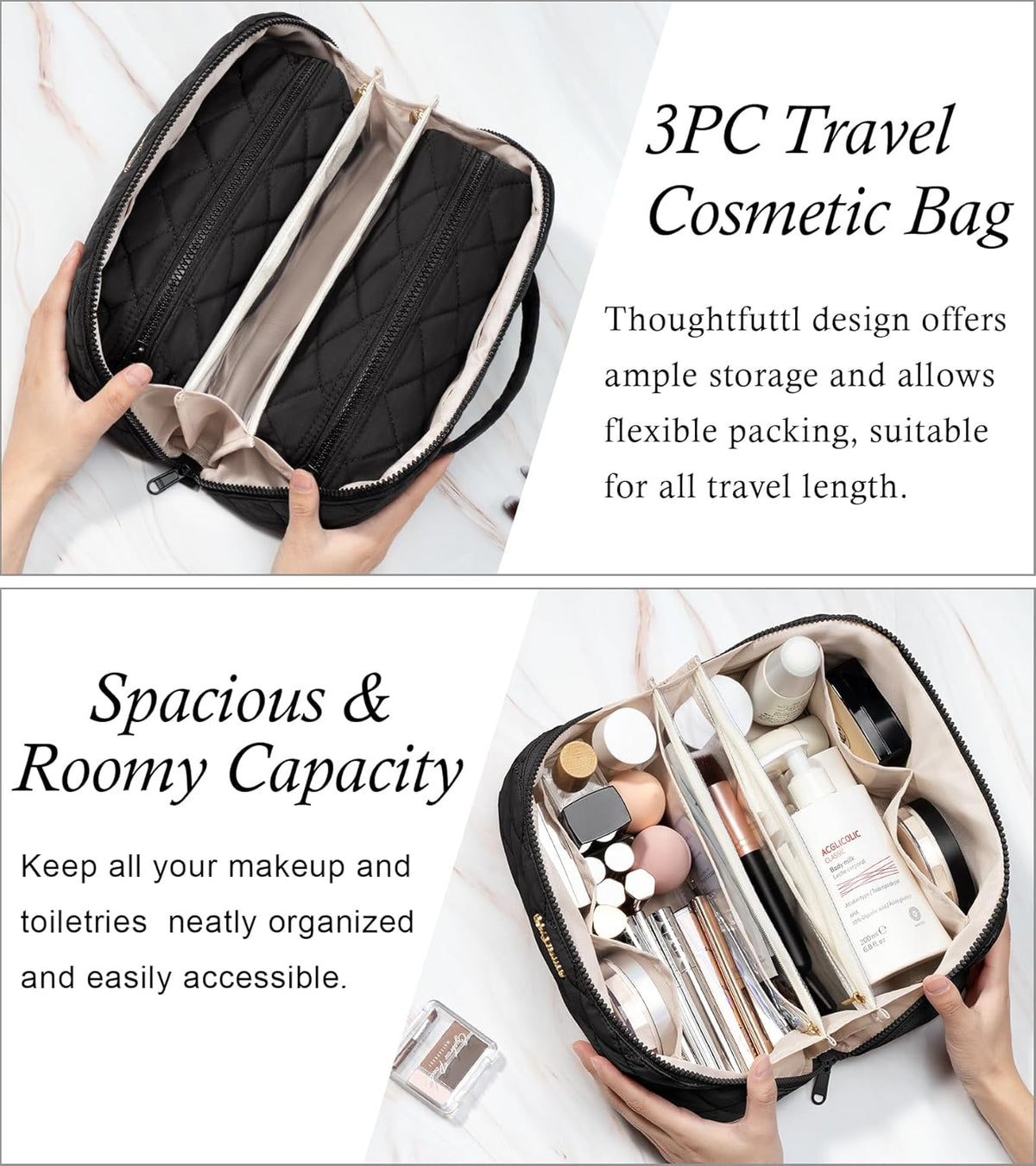 Travel Makeup Bag, 3 Pcs Large Capacity Puffy Toiletry Bag for Women, Open Flat Quilted Make up Cosmetic Organizer w/Handle & Clear Divider Water-resistant Portable Pouch Travel Essentials, L-Oatmeal