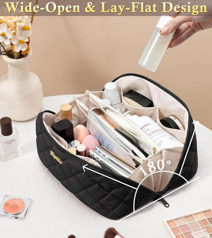 Travel Makeup Bag, 3 Pcs Large Capacity Puffy Toiletry Bag for Women, Open Flat Quilted Make up Cosmetic Organizer w/Handle & Clear Divider Water-resistant Portable Pouch Travel Essentials, L-Oatmeal