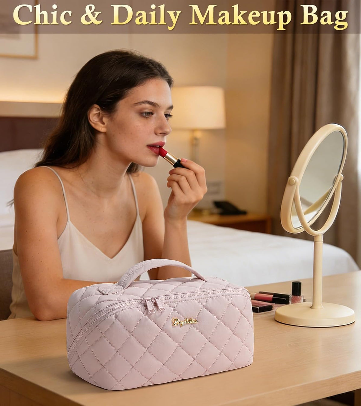 Travel Makeup Bag, 3 Pcs Large Capacity Puffy Toiletry Bag for Women, Open Flat Quilted Make up Cosmetic Organizer w/Handle & Clear Divider Water-resistant Portable Pouch Travel Essentials, L-Oatmeal