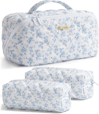 Travel Makeup Bag, 3 Pcs Large Capacity Puffy Toiletry Bag for Women, Open Flat Quilted Make up Cosmetic Organizer w/Handle & Clear Divider Water-resistant Portable Pouch Travel Essentials, L-Oatmeal