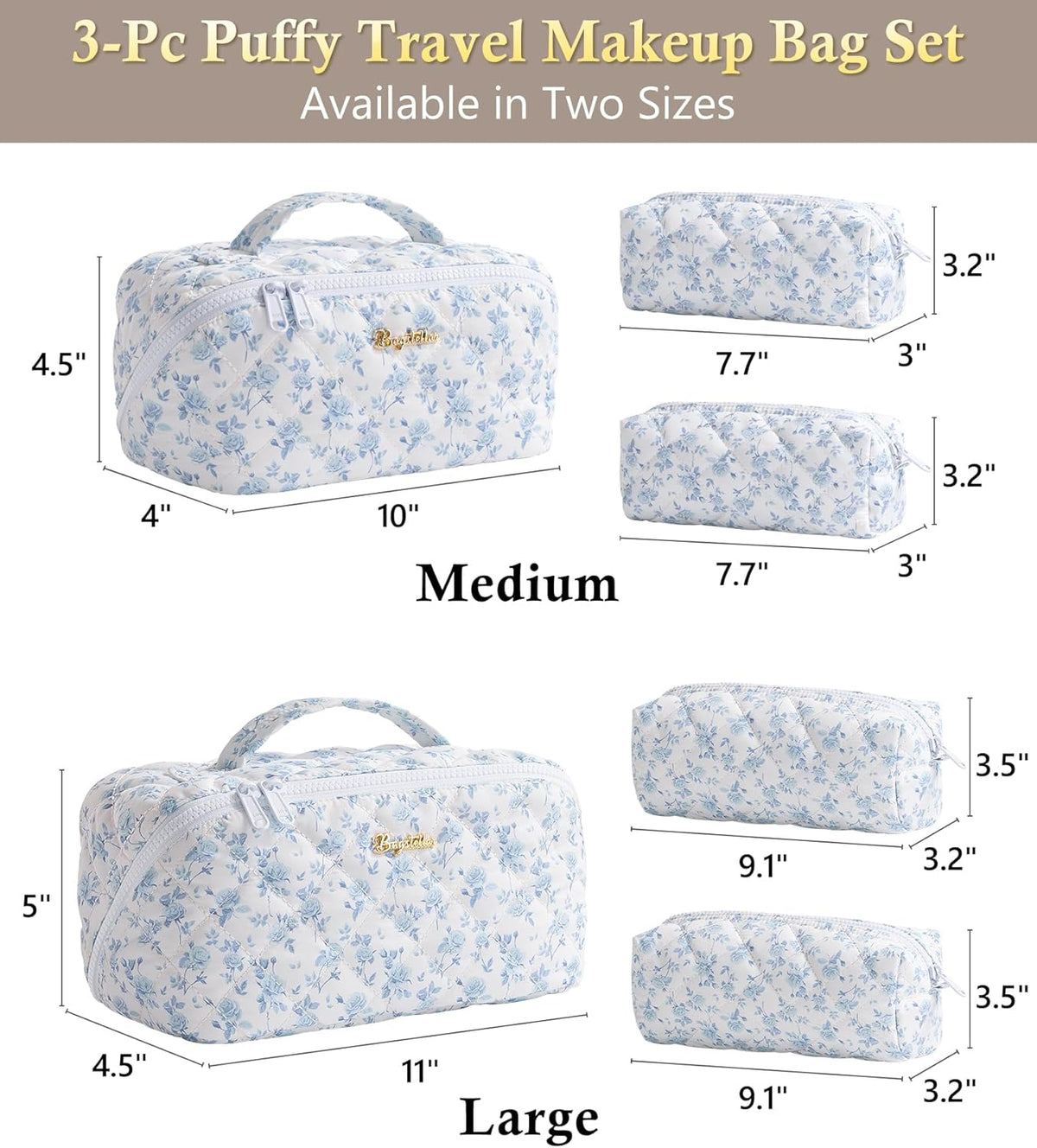 Travel Makeup Bag, 3 Pcs Large Capacity Puffy Toiletry Bag for Women, Open Flat Quilted Make up Cosmetic Organizer w/Handle & Clear Divider Water-resistant Portable Pouch Travel Essentials, L-Oatmeal