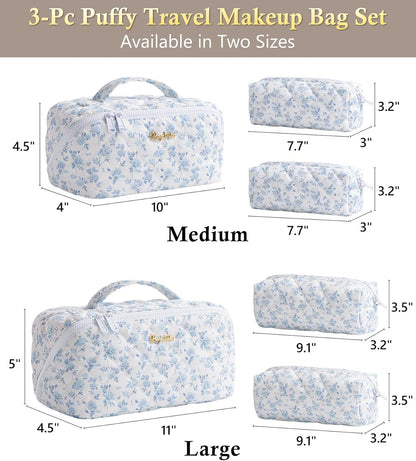 Travel Makeup Bag, 3 Pcs Large Capacity Puffy Toiletry Bag for Women, Open Flat Quilted Make up Cosmetic Organizer w/Handle & Clear Divider Water-resistant Portable Pouch Travel Essentials, L-Oatmeal