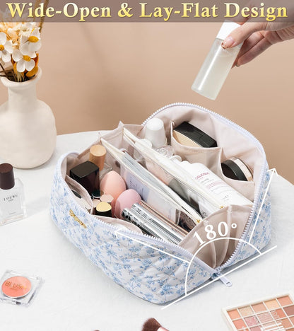 Travel Makeup Bag, 3 Pcs Large Capacity Puffy Toiletry Bag for Women, Open Flat Quilted Make up Cosmetic Organizer w/Handle & Clear Divider Water-resistant Portable Pouch Travel Essentials, L-Oatmeal